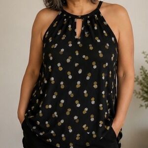 Haute Fox Women's 2X Pineapple Print Halter Top Black Keyhole Back Blouse 0727